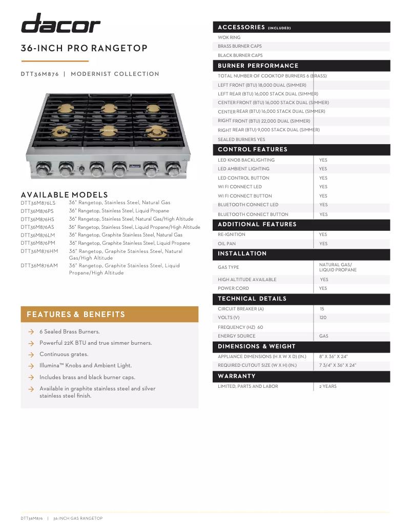 Page n°1 - Fiche technique Dacor DTT36M876LM