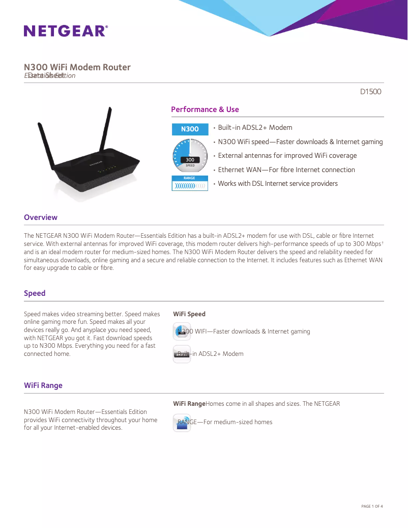 Page 1 de la notice Fiche technique Netgear D1500