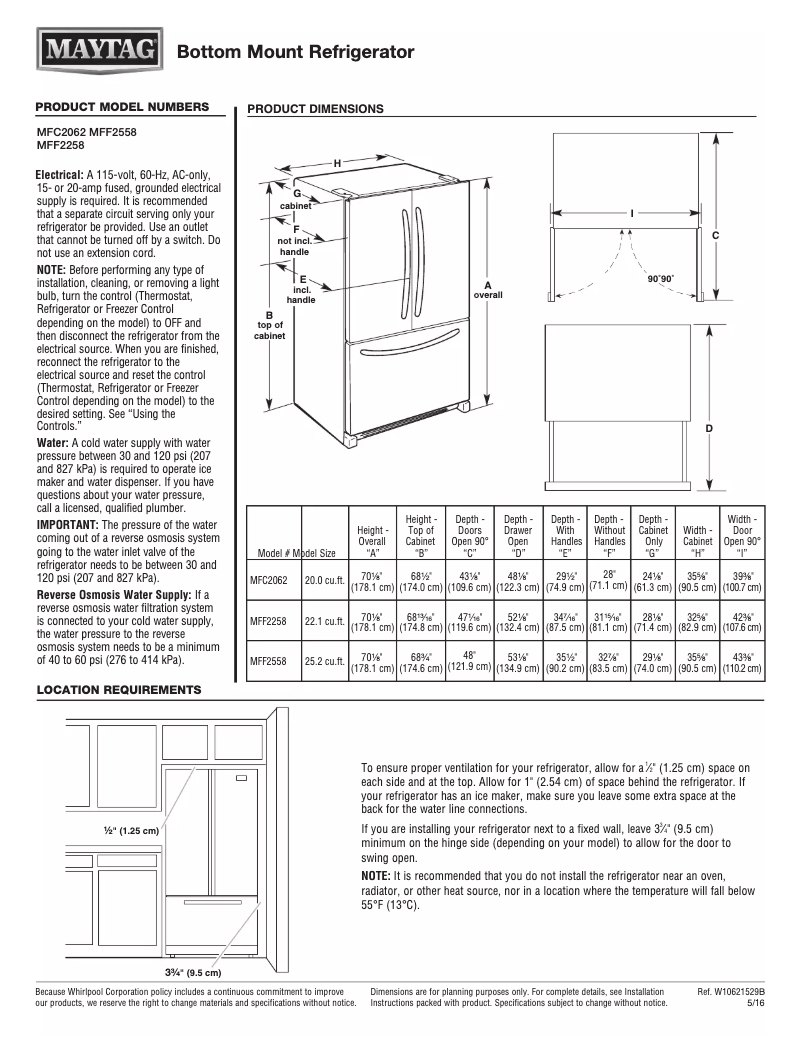 Page 1 de la notice Fiche technique Maytag MFC2062FE