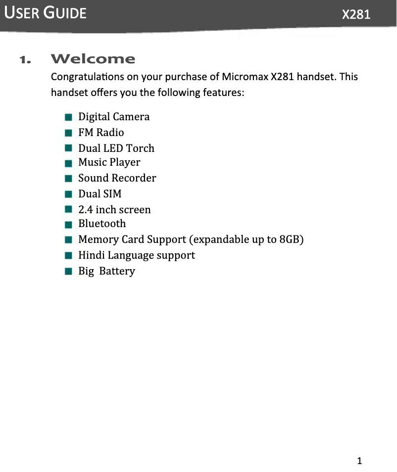 Page 1 de la notice Manuel utilisateur Micromax X281