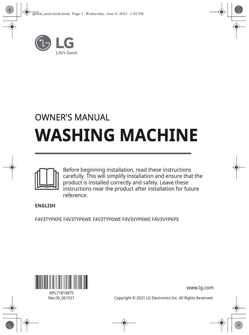 Page 1 de la notice Manuel utilisateur LG F4V3TYP0WE