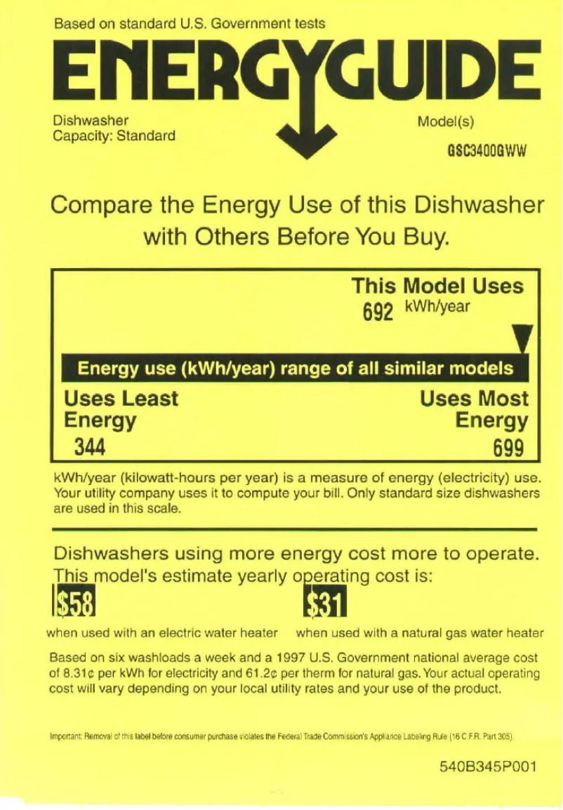 Page 1 de la notice Label énergétique GE Nautilus GSC3400GWW