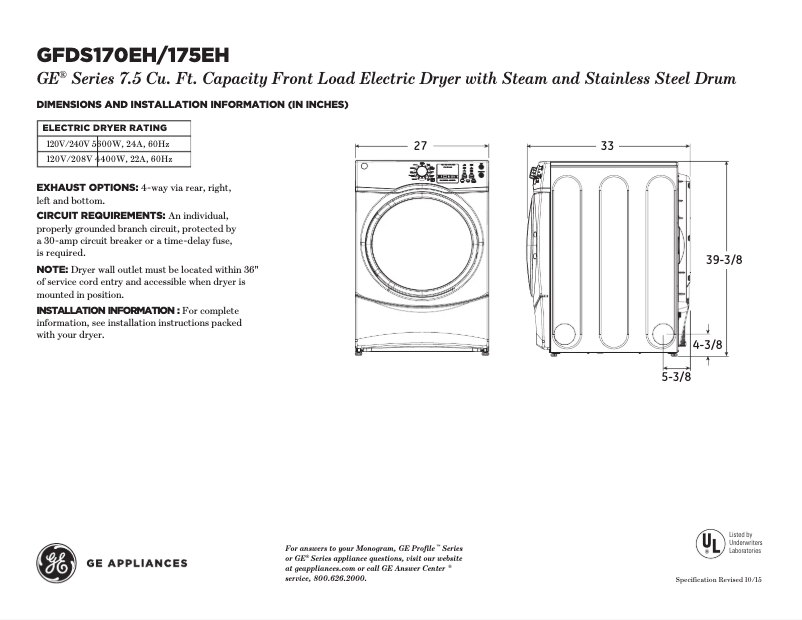 Page n°1 - Fiche technique GE GFDS170EHWW