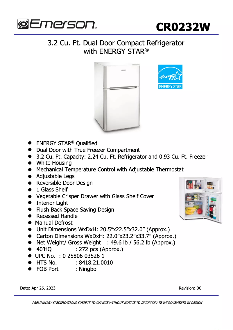 Page n°1 - Fiche technique Emerson CR0232W