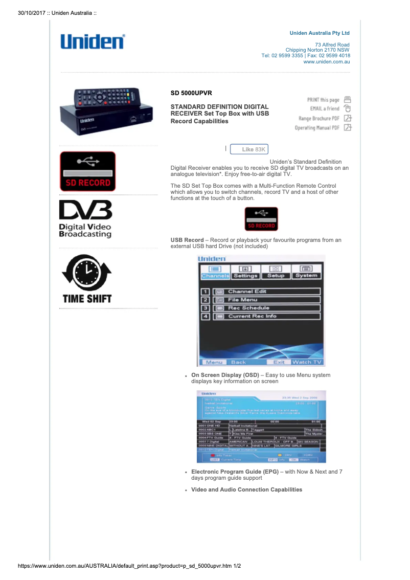 Page 1 de la notice Manuel utilisateur Uniden SD 5000UPVR