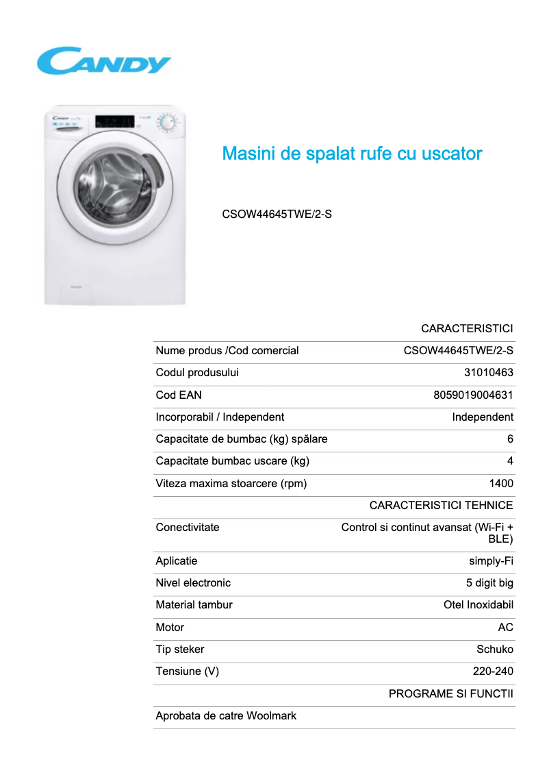 Page 1 de la notice Fiche technique Candy CSOW44645TWE/2-S