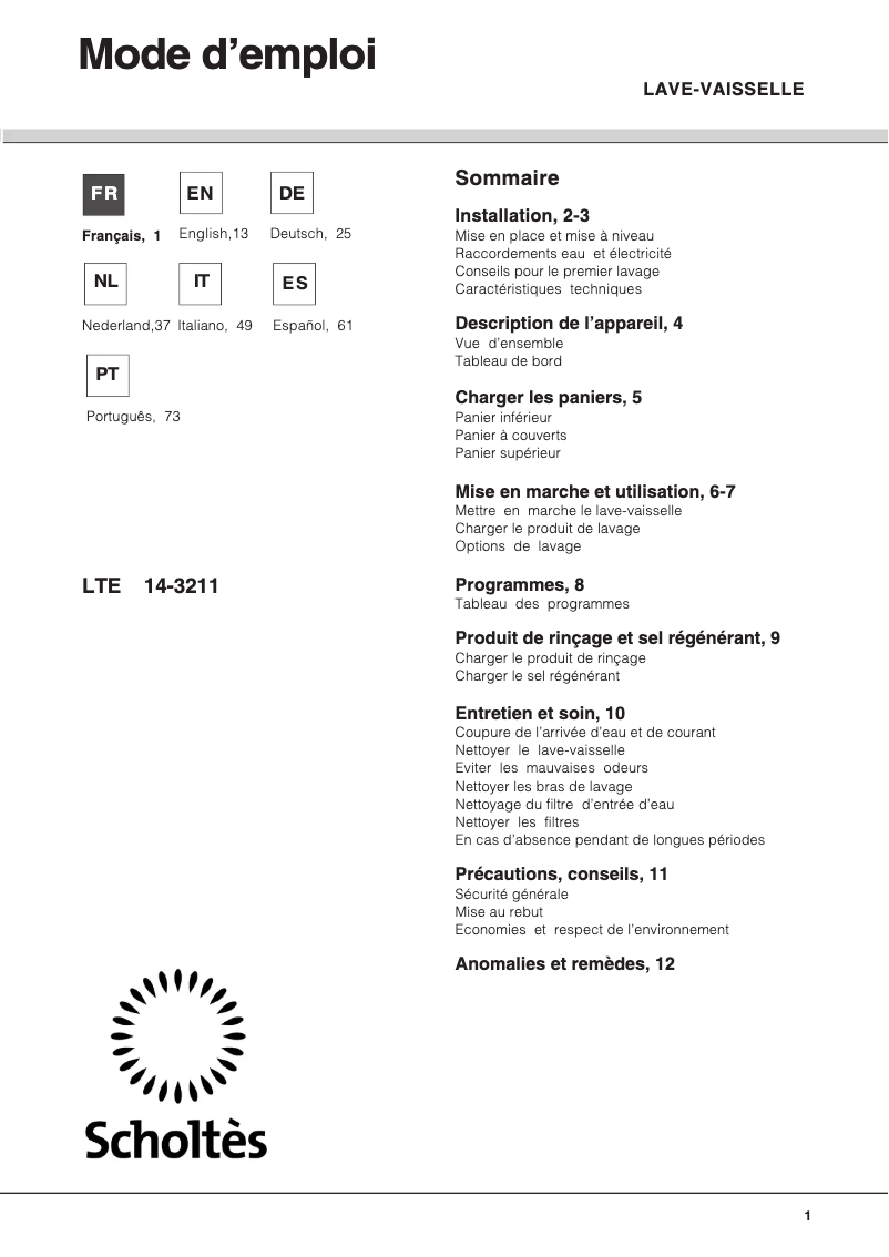 Page n°1 - Manuel utilisateur Scholtès LTE 14-3211