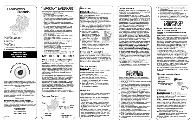 Page 1 de la notice Manuel utilisateur Hamilton Beach 26009