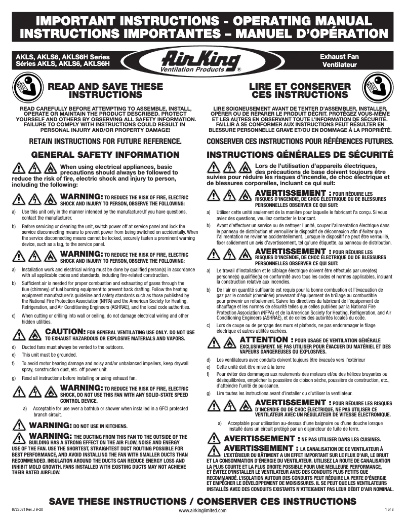 Page n°1 - Instructions / montage Air King AK80LS6