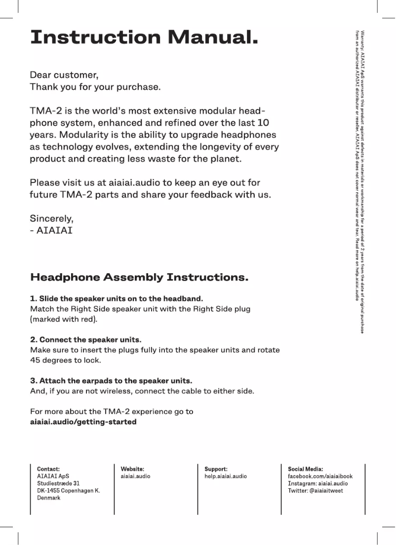 Page 1 de la notice Manuel utilisateur AIAIAI TMA-2 Comfort Preset