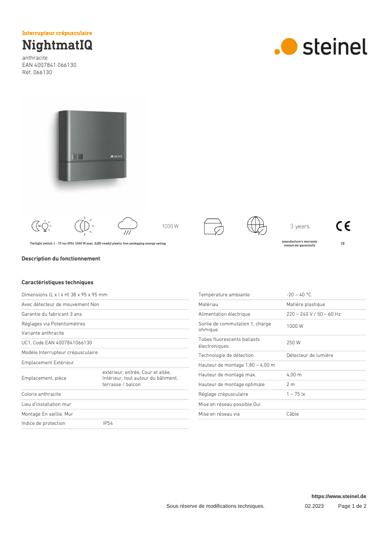 Page n°1 - Fiche technique Steinel NightmatIQ