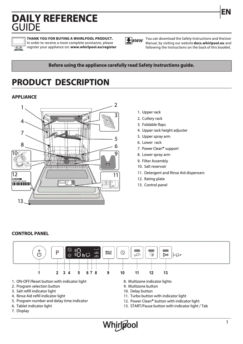 Page 1 de la notice Manuel utilisateur Whirlpool WIS 7030 PEF