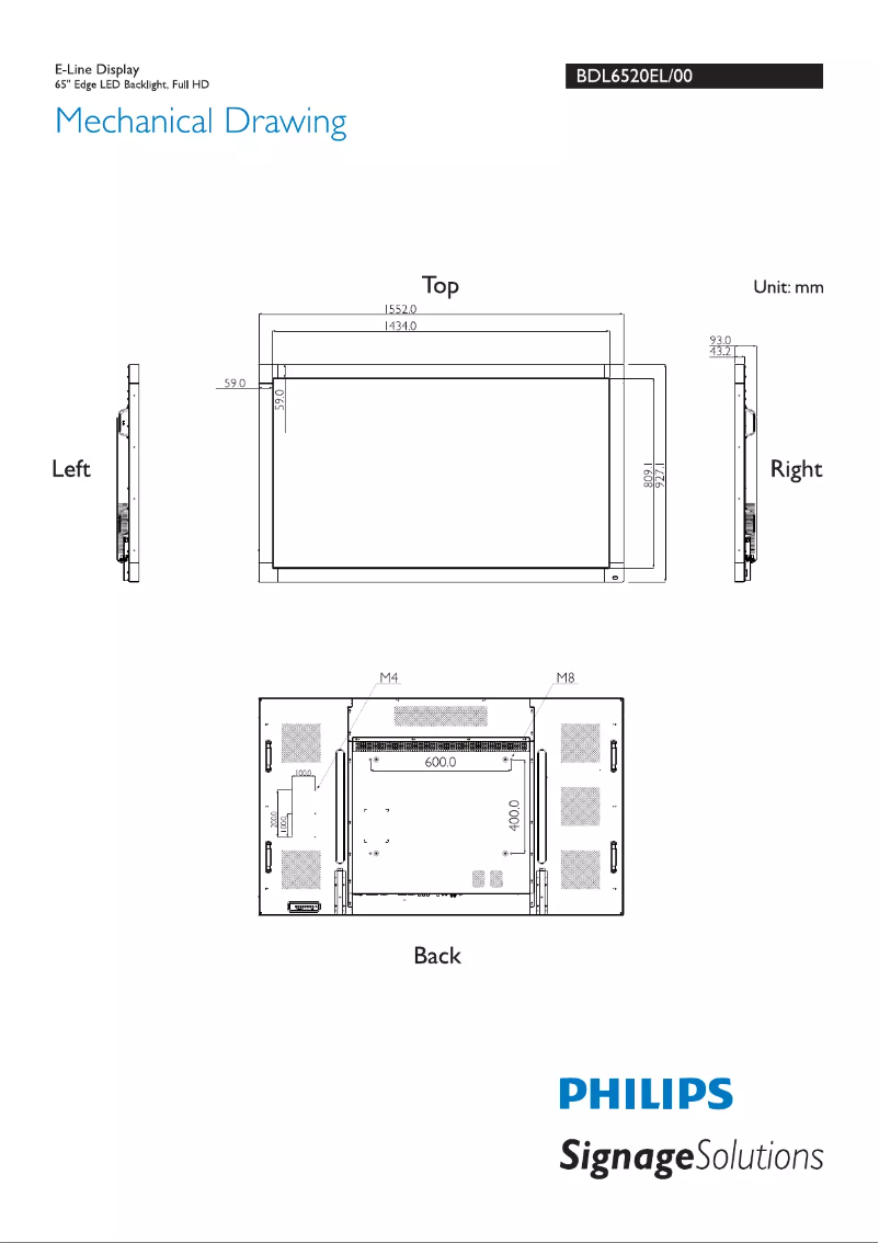 Page 1 de la notice Dessin technique Philips Signage Solutions BDL6520EL