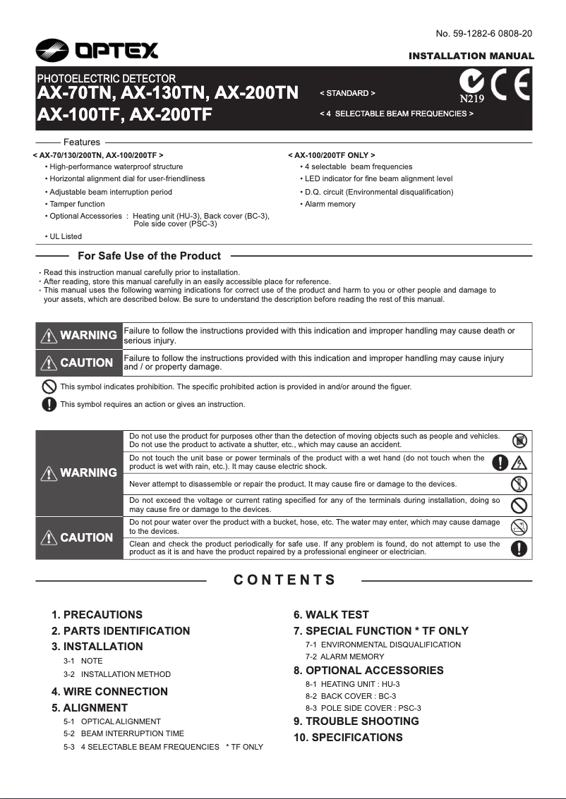 Page n°1 - Manuel utilisateur Optex AX-200TF
