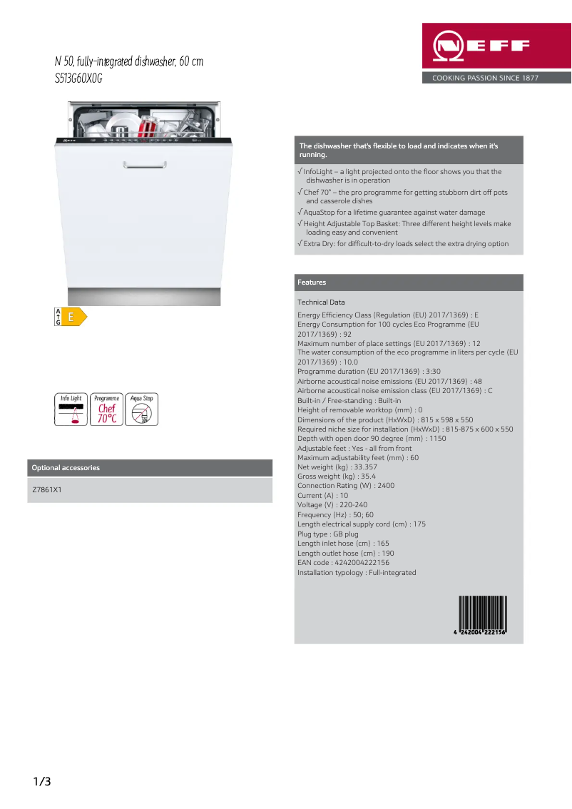 Page n°1 - Fiche technique Neff S513G60X0G