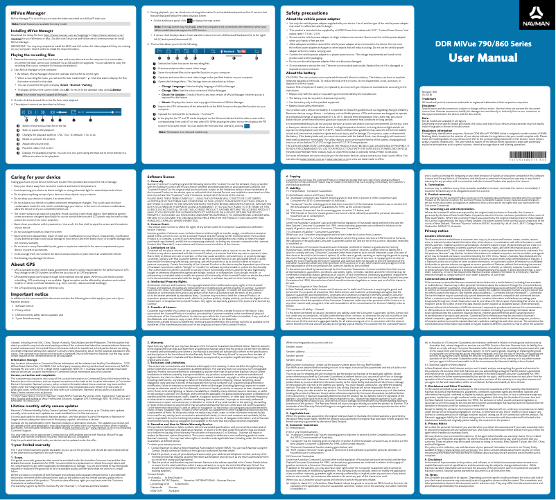 Page 1 de la notice Manuel utilisateur Navman MiVue 860 DC TYRE