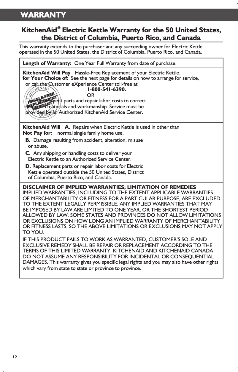 Página 1 del manual Información de garantía KitchenAid KEK1722CS