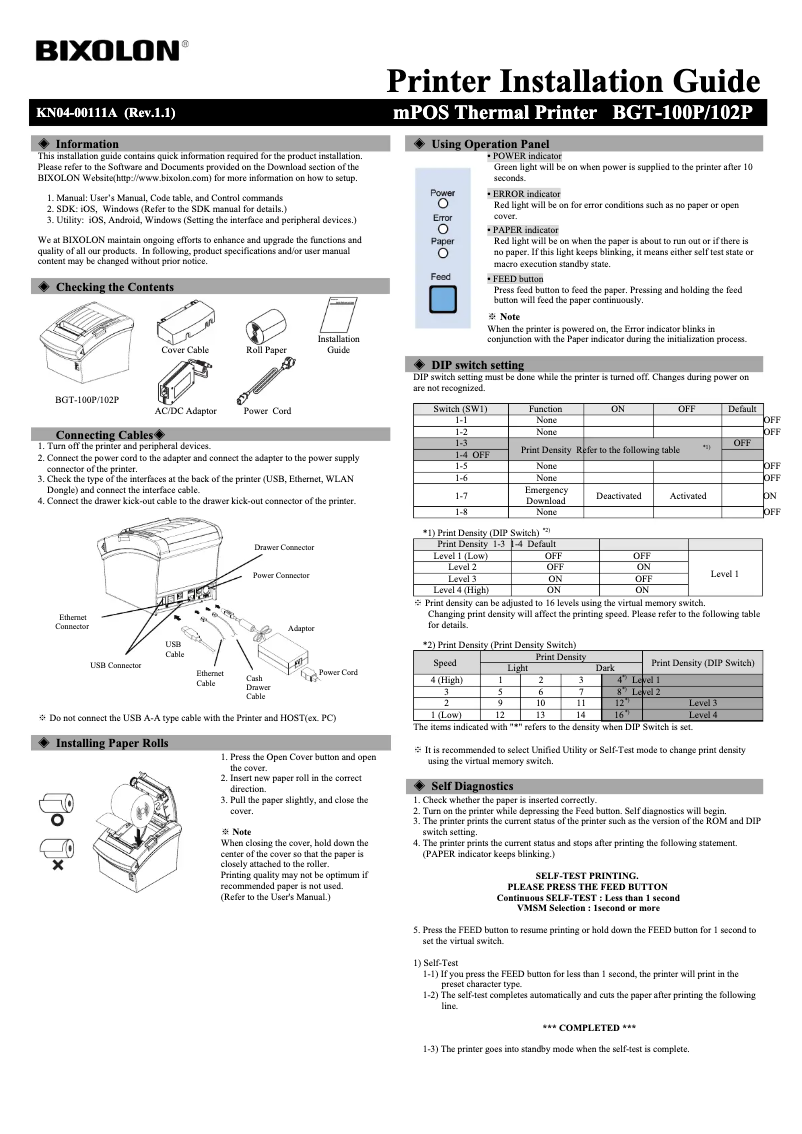 Page 1 de la notice Guide d'installation Bixolon BGT-100P