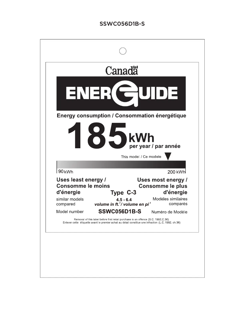 Page 1 de la notice Label énergétique Danby SSWC056D1B