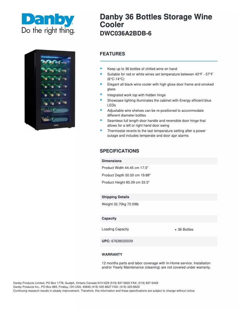 Page 1 de la notice Fiche technique Danby DWC036A2BDB-6