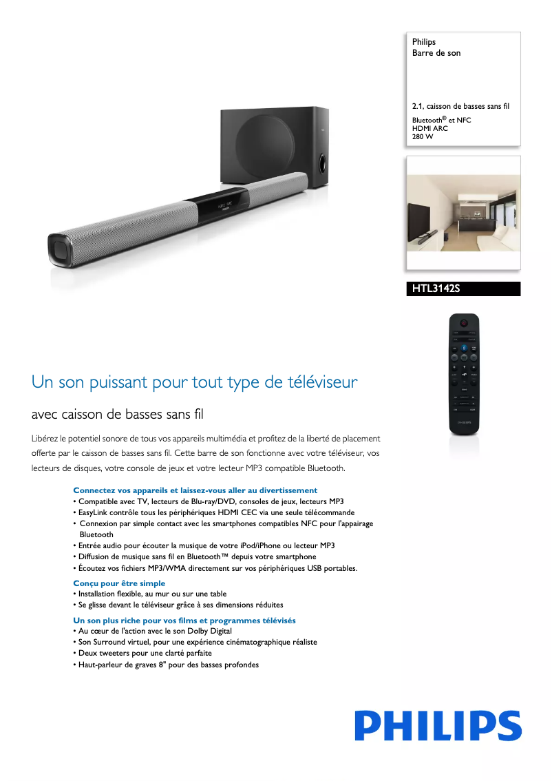 Page 1 de la notice Fiche technique Philips HTL3142S