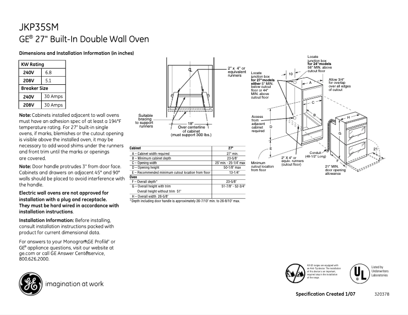 Page 1 de la notice Fiche technique GE JKP35SMSS