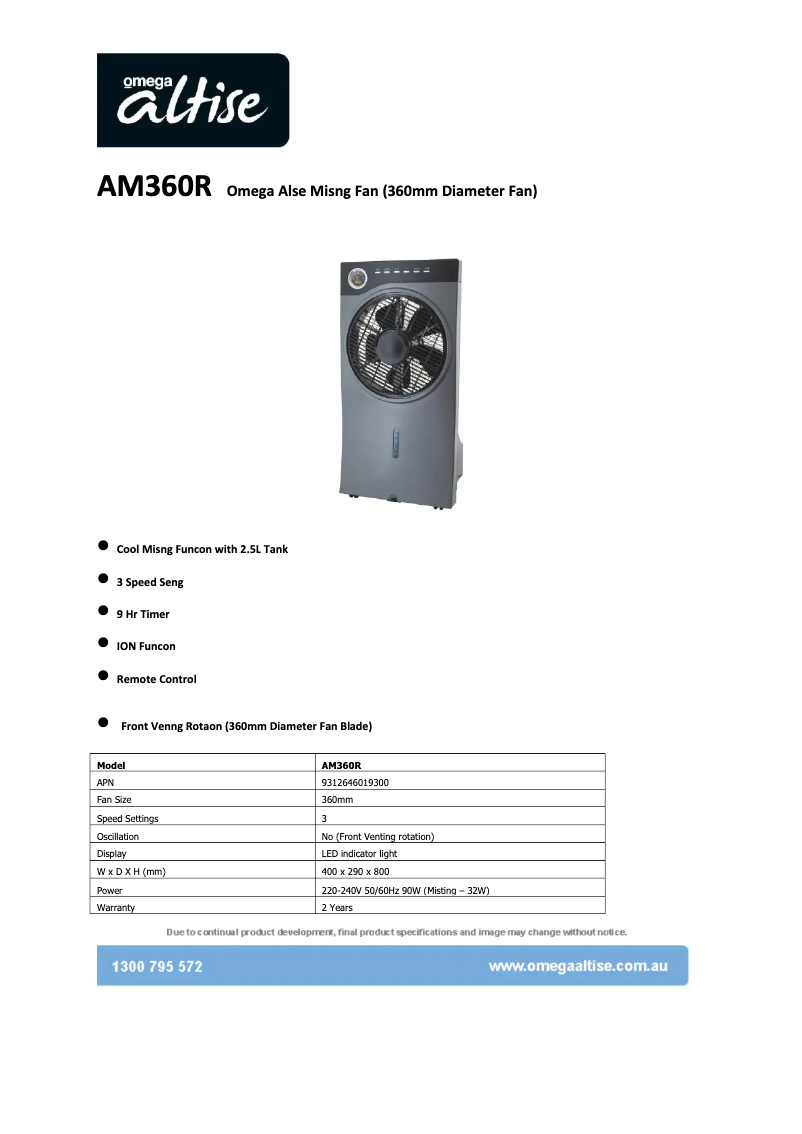 Page 1 de la notice Fiche technique Omega AM360R