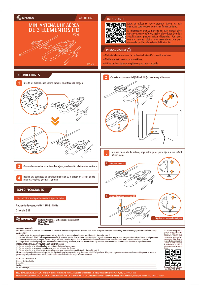 Imagen de la primera página del manual del dispositivo ANT-HD 007