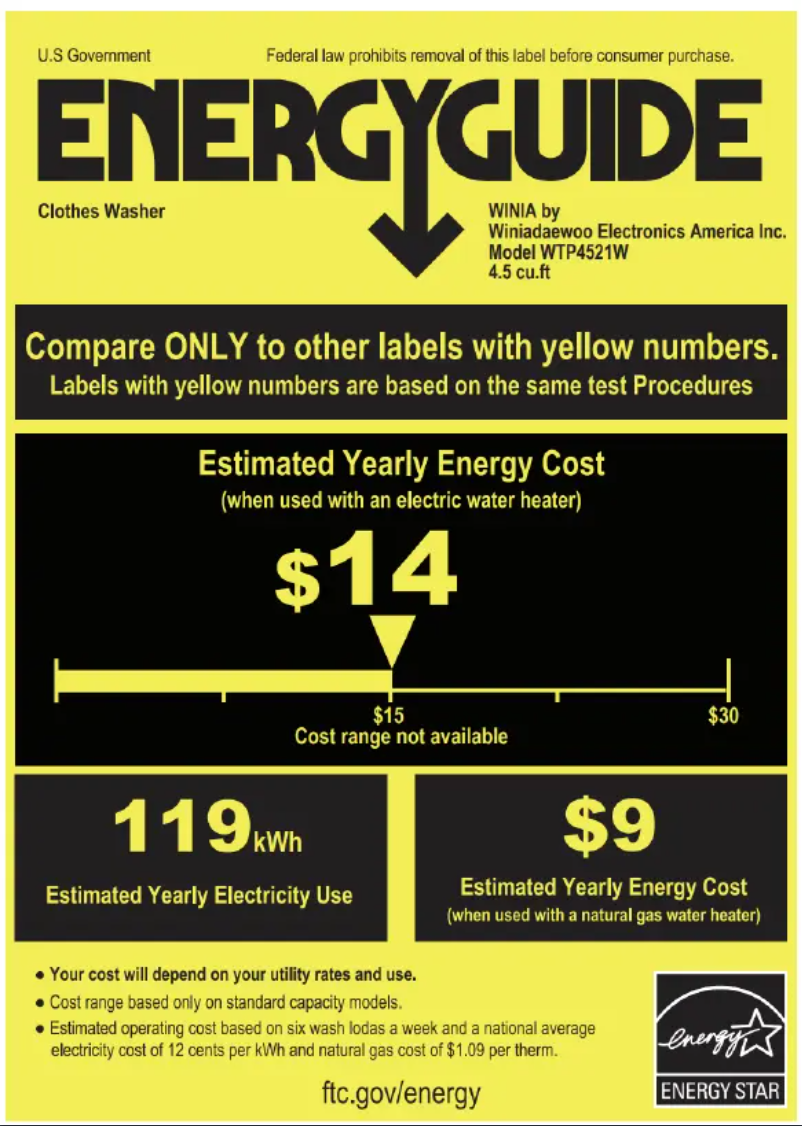Page n°1 - Label énergétique Winia WTP4521W