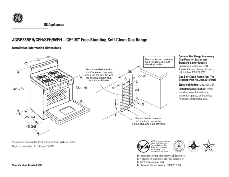 Página 1 del manual Ficha técnica GE JGBP33WEHWW