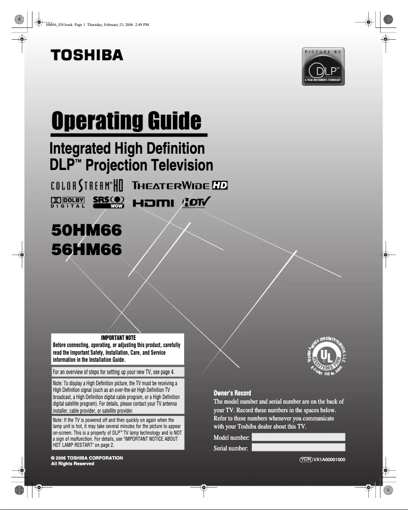 Page 1 de la notice Manuel utilisateur Toshiba 50HM66