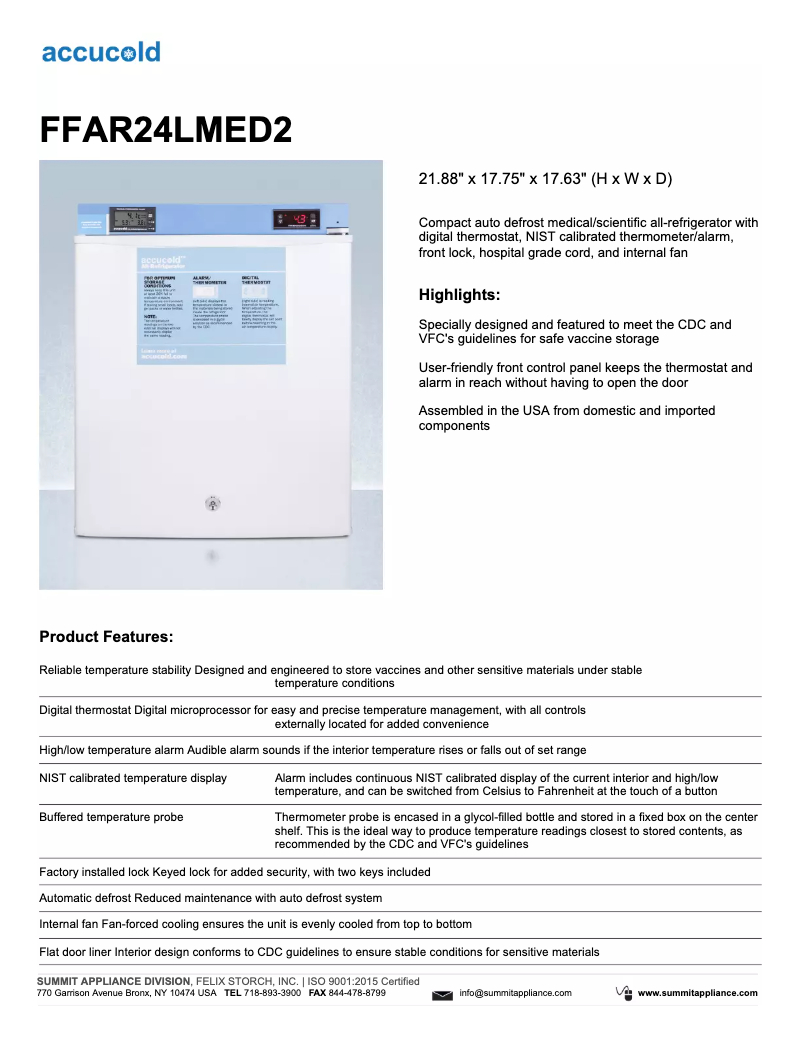 Page 1 de la notice Fiche technique Summit Accucold FFAR24LMED2
