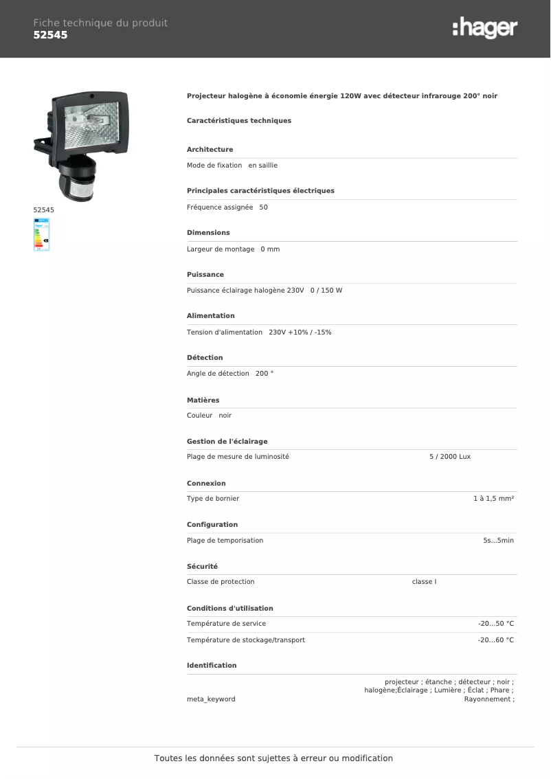 Page n°1 - Fiche technique Hager 52545