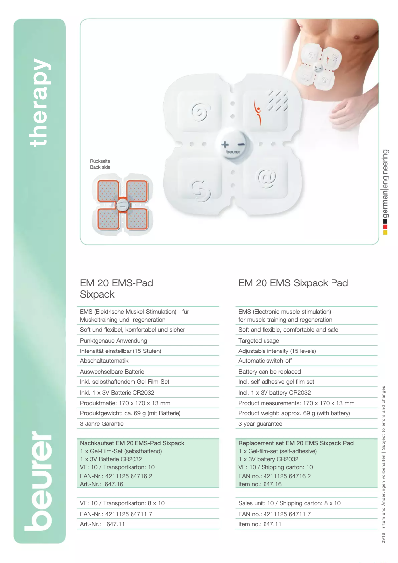 Page 1 de la notice Manuel utilisateur Beurer EM 20 EMS-Pad Sixpack