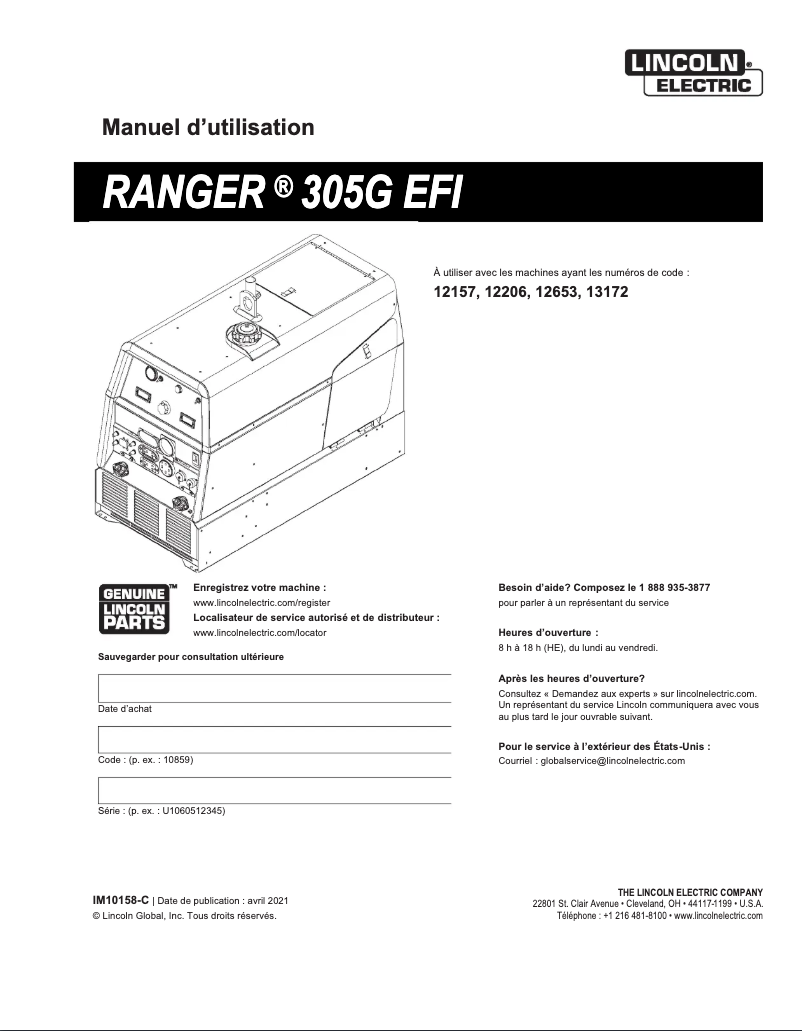 Página 1 del manual Manual de usuario Lincoln Electric Ranger 305 G EFI