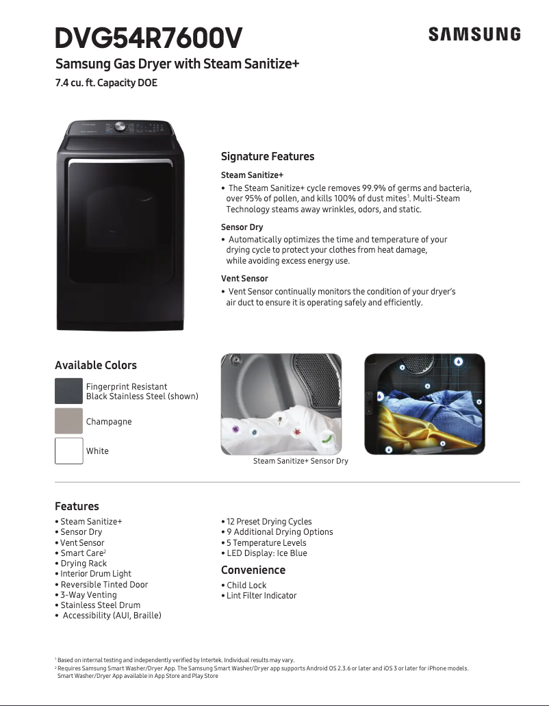 Page 1 de la notice Fiche technique Samsung DVG54R7600C