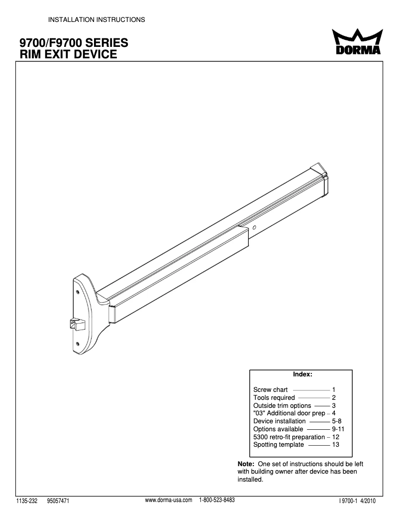 Page n°1 - Manuel utilisateur Dormakaba 9700