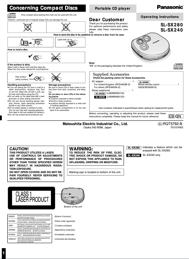 Page 1 de la notice Manuel utilisateur Panasonic SL-SX240