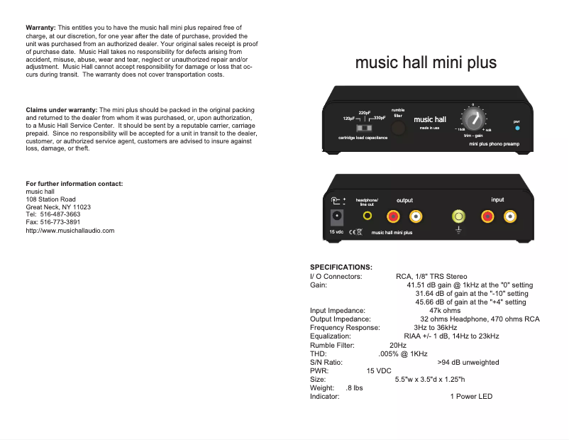 Page n°1 - Manuel utilisateur Music Hall Mini Plus Phono