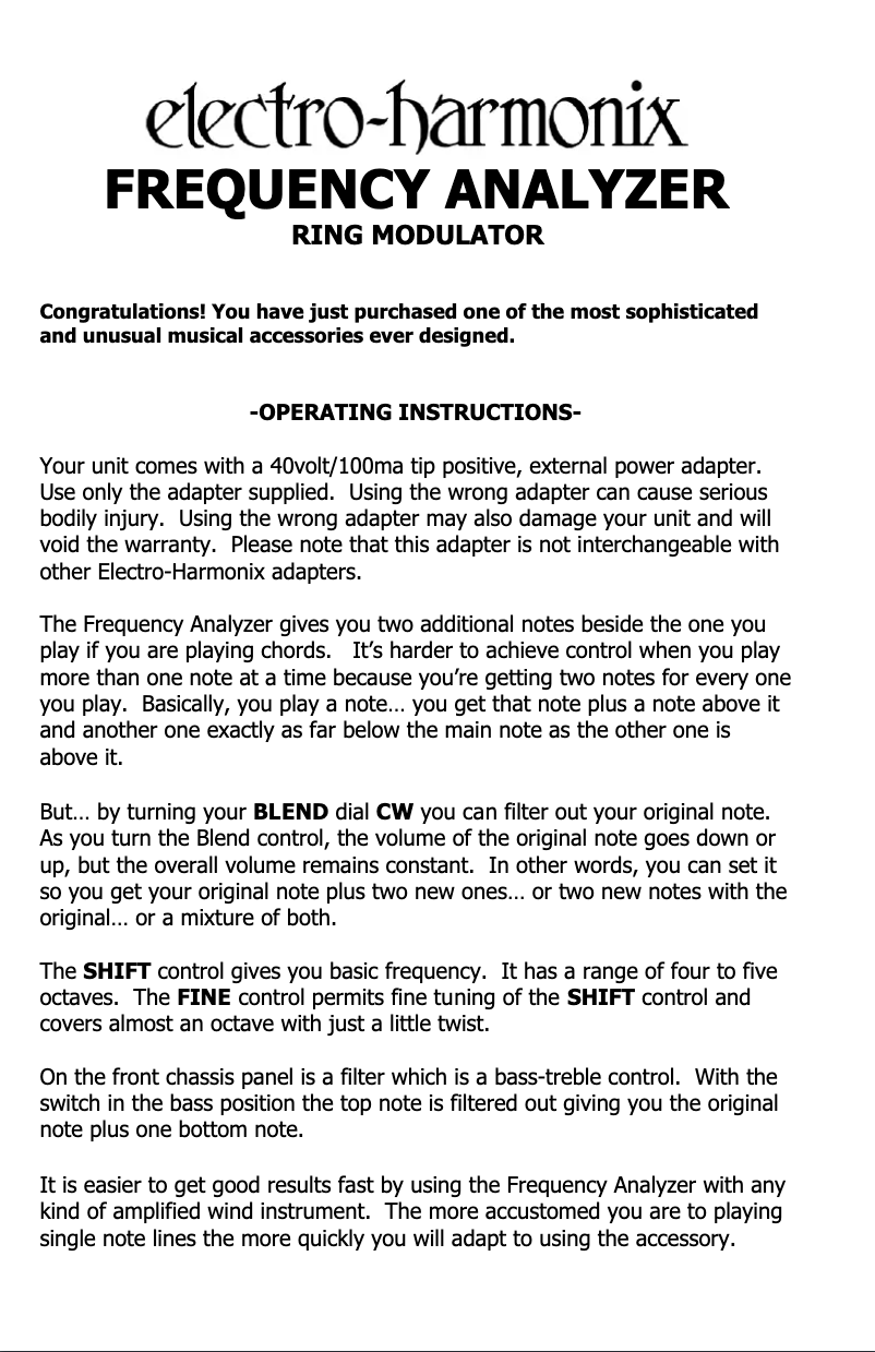 Página 1 del manual Manual de usuario Electro Harmonix FREQUENCY ANALYZER