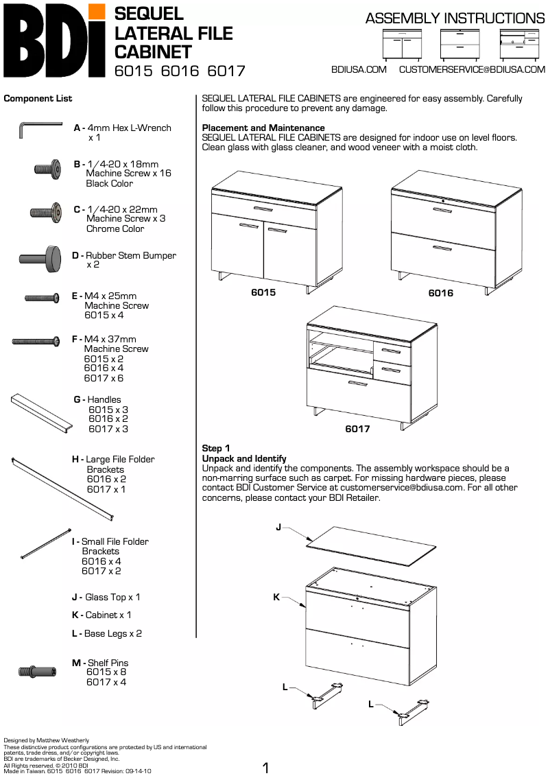 Page 1 de la notice Manuel utilisateur BDI SEQUEL LATERAL FILE CABINET 6016