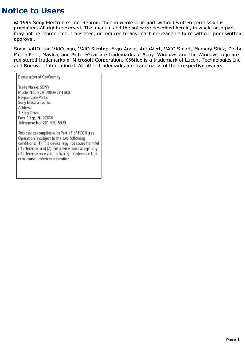 Image de la première page du manuel de l'appareil Vaio PCV-L400