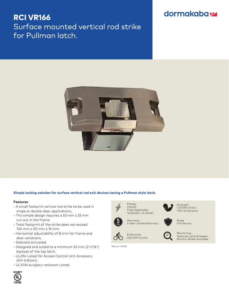 Page 1 de la notice Fiche technique Dormakaba RCI VR166