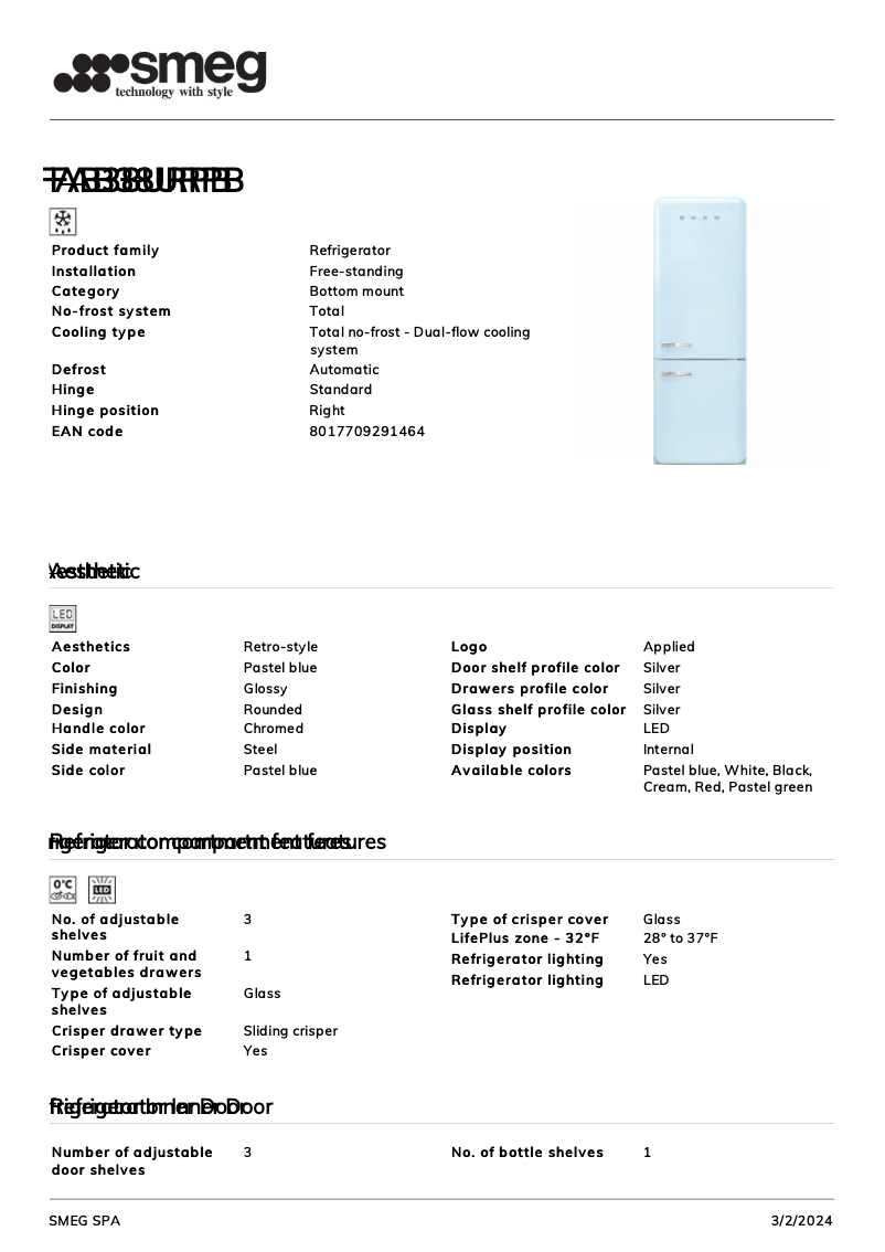 Page 1 de la notice Fiche technique Smeg FAB38URPB