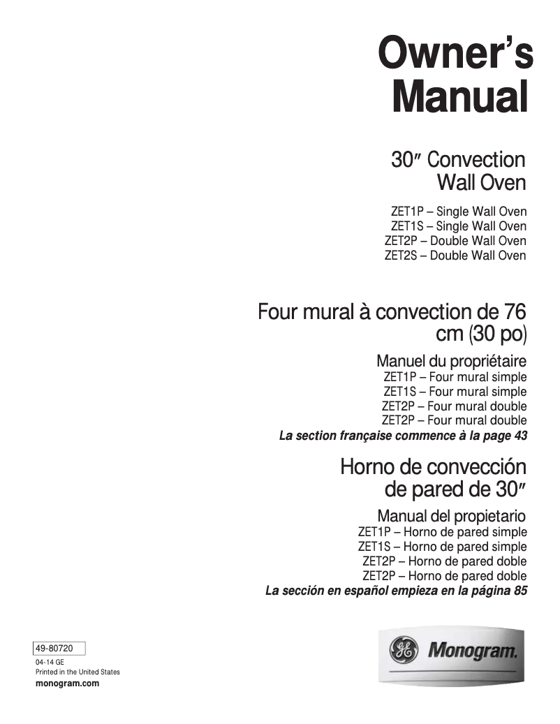 Page n°1 - Manuel d'utilisation et d'entretien GE ZET1SMSS