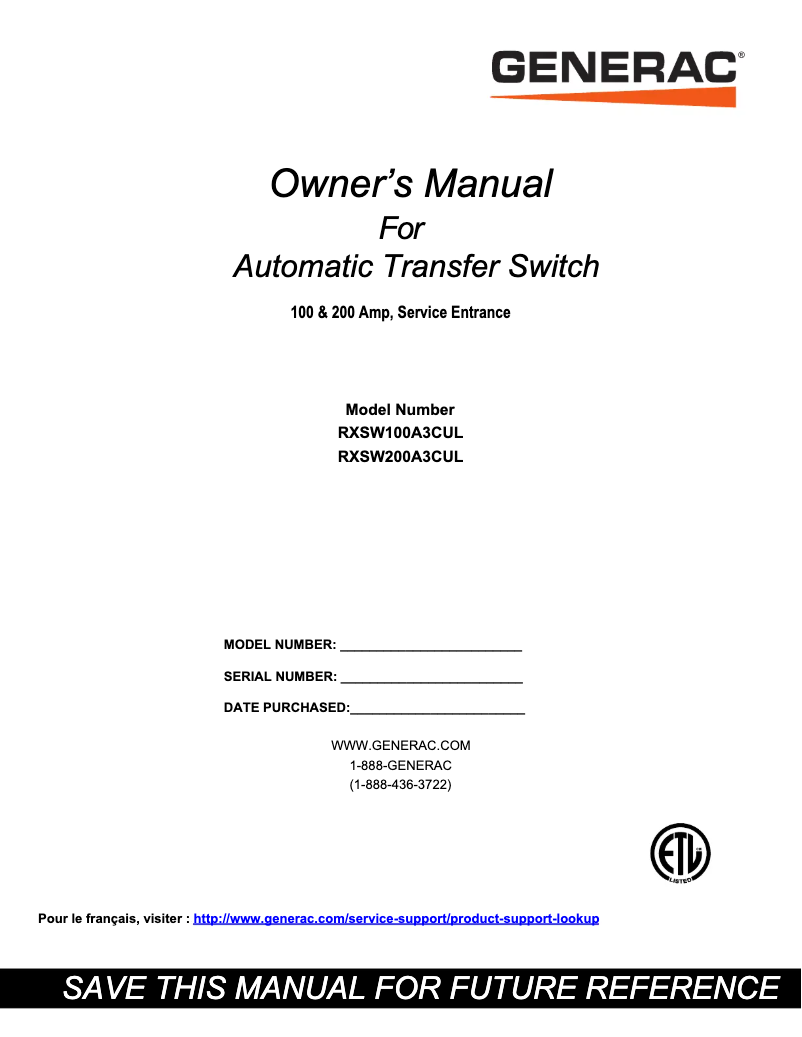 Page n°1 - Manuel utilisateur Generac RXSW100A3CUL
