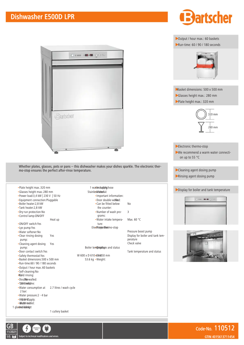 Page n°1 - Fiche technique Bartscher E500D LPR