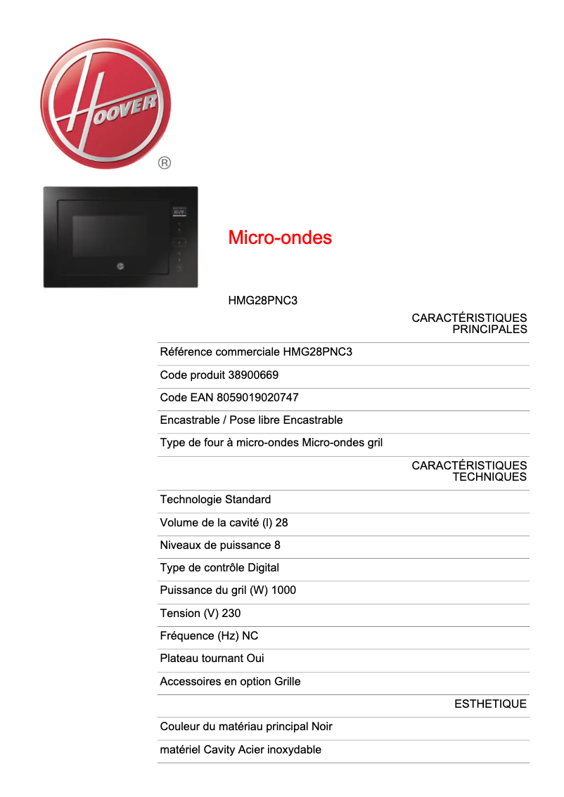 Page n°1 - Fiche technique Hoover H-MICROWAVE 300 HMG28PNC3
