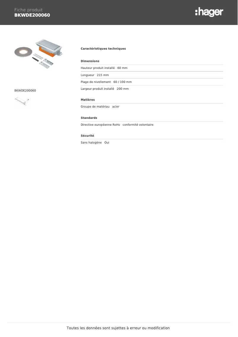 Página 1 del manual Ficha técnica Hager BKWDE200060