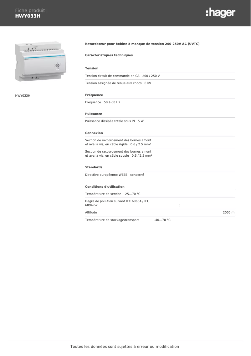 Page 1 de la notice Fiche technique Hager HWY033H